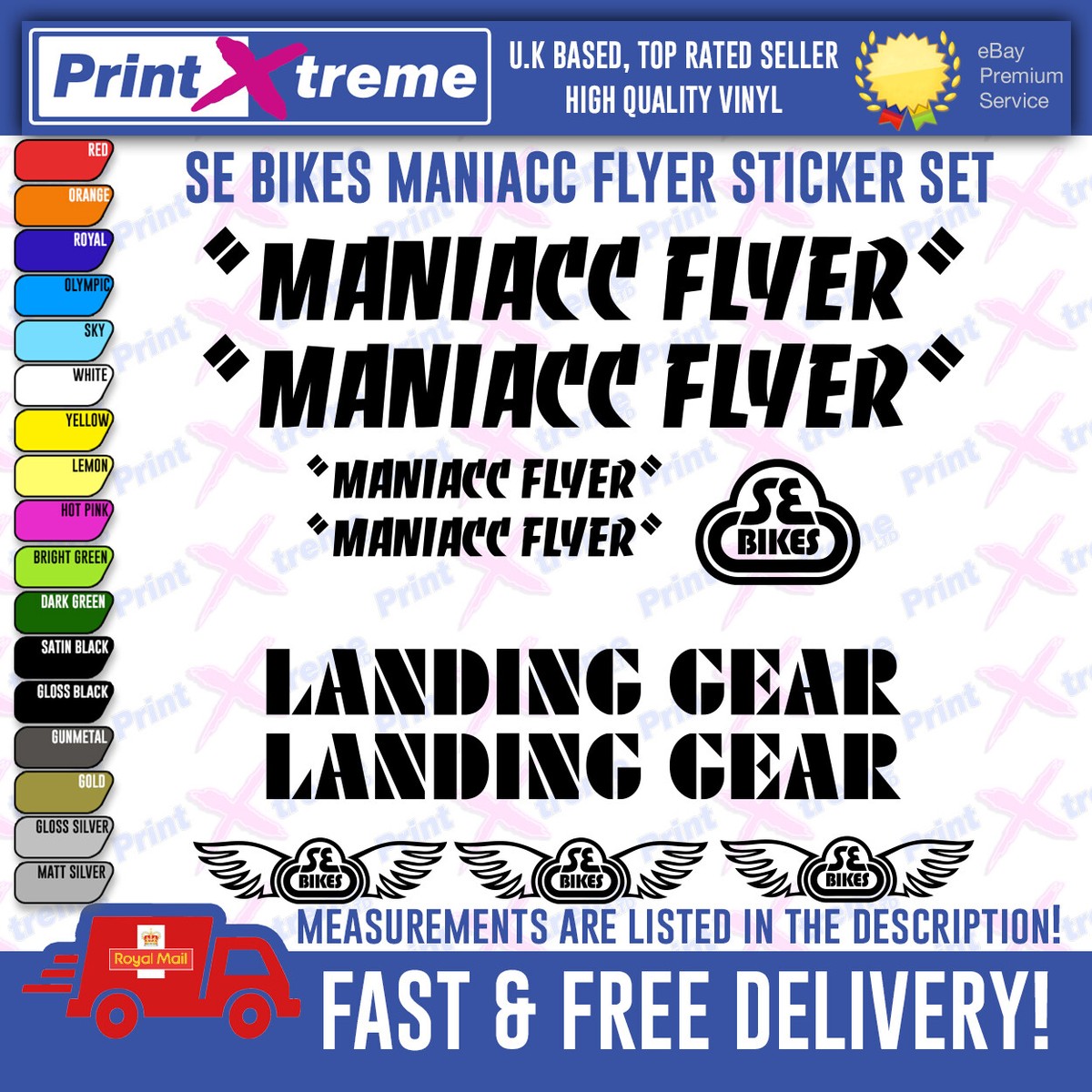 MANIACC FLYER BMX Vinyl Decals, Stickers, Bike Cycling, SE BIKES LANDING  GEAR