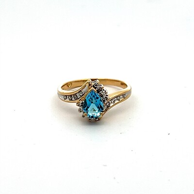Natural Pear Shape Blue Topaz Diamonds Solid 10k Yellow Gold Ring FREE Sizing