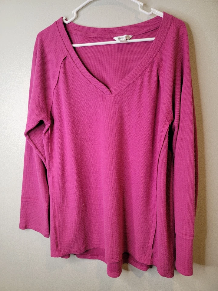 Wildfox Large Womens Haley Top Pink Long Sleeve V-Neck Brushed Waffle-knit — 第 2/4 张图片