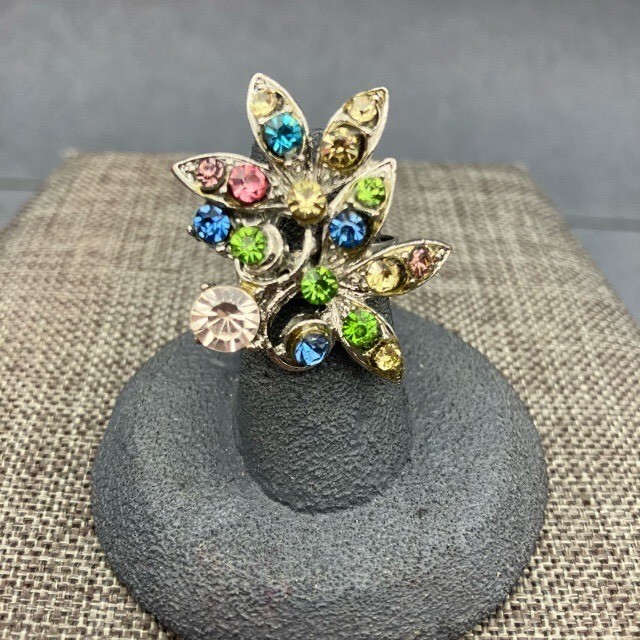 Statement Ring Multicolor Rhinestone Floral Leave… - image 1