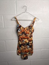 Vintage 60s Figurettes Orange Floral One-piece Swimsuit button adjust straps