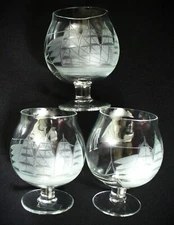 6~Initial~N~ETCHED~Glass~COGNAC~Brandy~CLIPPER SHIP~Sailboat~NAUTICAL~Cordials