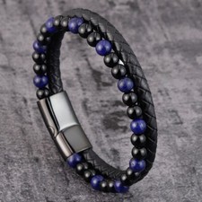 Lapis Lazuli Obsidian Beads Men's Braided Leather Bracelet Magnetic Clasp Bangle