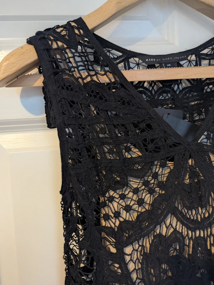 VESTIDO RECTO MARC BY MARC JACOBS NEGRO ALGODÓN ENCAJE CINTURA CAÍDA TALLA XS NUEVO CON ETIQUETAS Foto 4 de 4