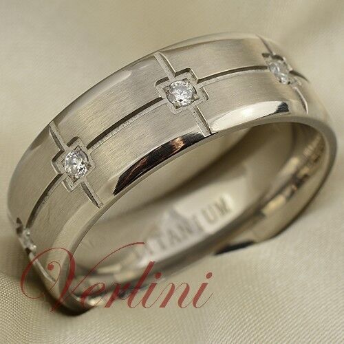 8MM Titanium Men's Ring Brushed Wedding Band Simulated Diamond Size 6-13 - Afbeelding 1 van 3
