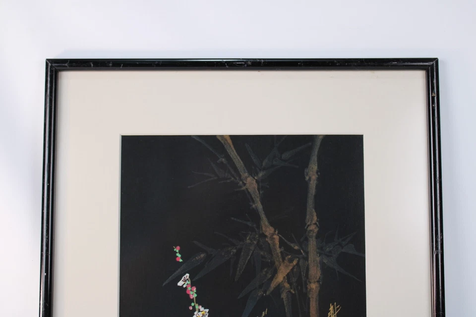 Pintura floral asiática antiga em seda preta com marca de ouro - Imagem 4 de 4