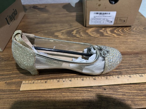 Utopia Girls Butterfly Glitter Gold Holiday Princess Dress Low Heel Shoes size 3 - Picture 8 of 9