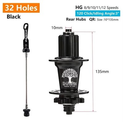 120 Klick Nabe 6 Lager MTB Mountainbike Nabe vorne hinten Thru HG 28 32 36 - schwarz