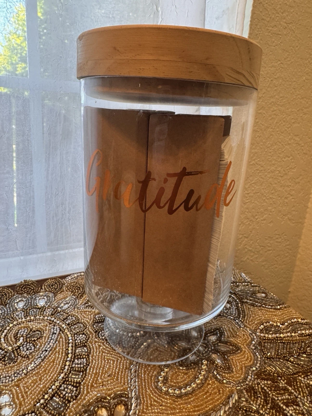 Gratitude Jar Glass w/ Wood Lid + Gratitude Cards Copper Script Mindfulness Gift