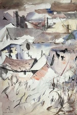 Little Town Landscape–Charlotte Hoffman–Medium Size Watercolor-Mid 20th NY Art