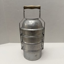 Porta Pranzo Vintage Alluminio Tiffin 4 Livelli Campeggio Mess Kit con Manico