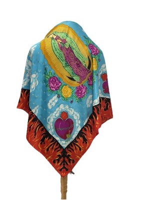S21#Moschino Silk Scarf Virgin Mary Madonna Sacred Heart Flame Print Italy