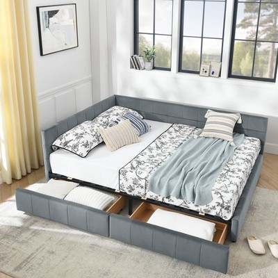 Queen Size Storage Upholstered Tufted Bed Frame with Backrest & Armrests Bedroom