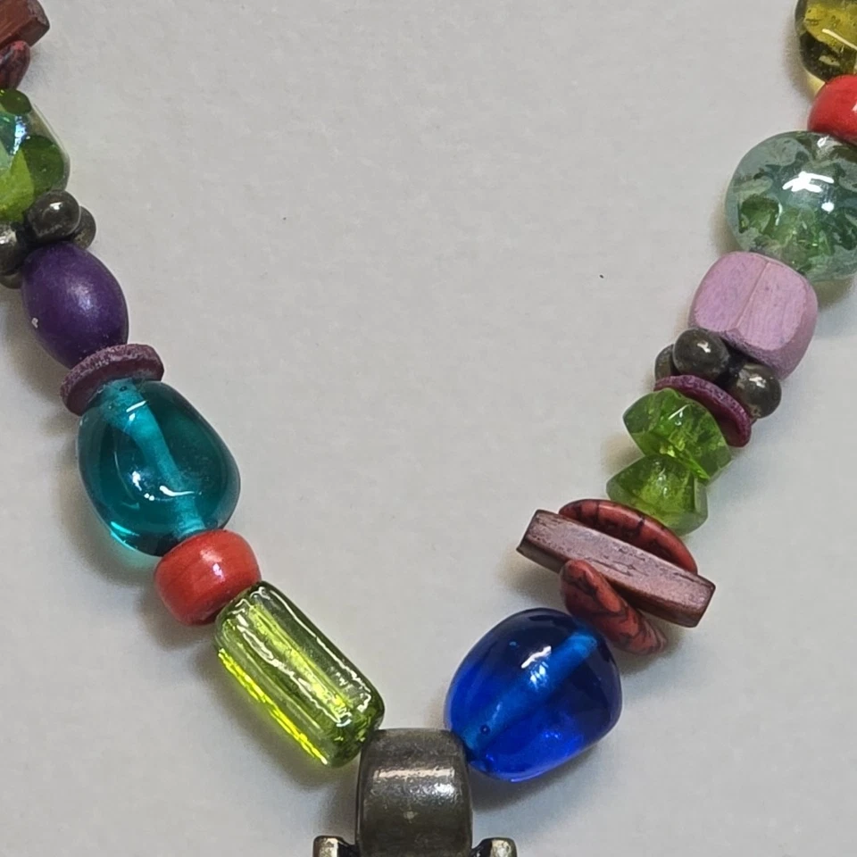 Chico's Glass & Carved Bead Pendant Necklace Heavy Chunky Artisan Colorful - Image 3 of 4