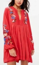 Free People Mia Gauze Floral Embroidered Long Sleeve Mini Dress Size XS Red