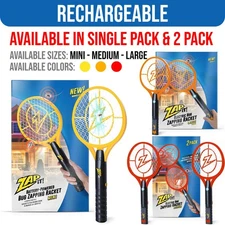 Zap It! Electric USB Rechargeable Bug Zapper Racket - Choose Size & Color