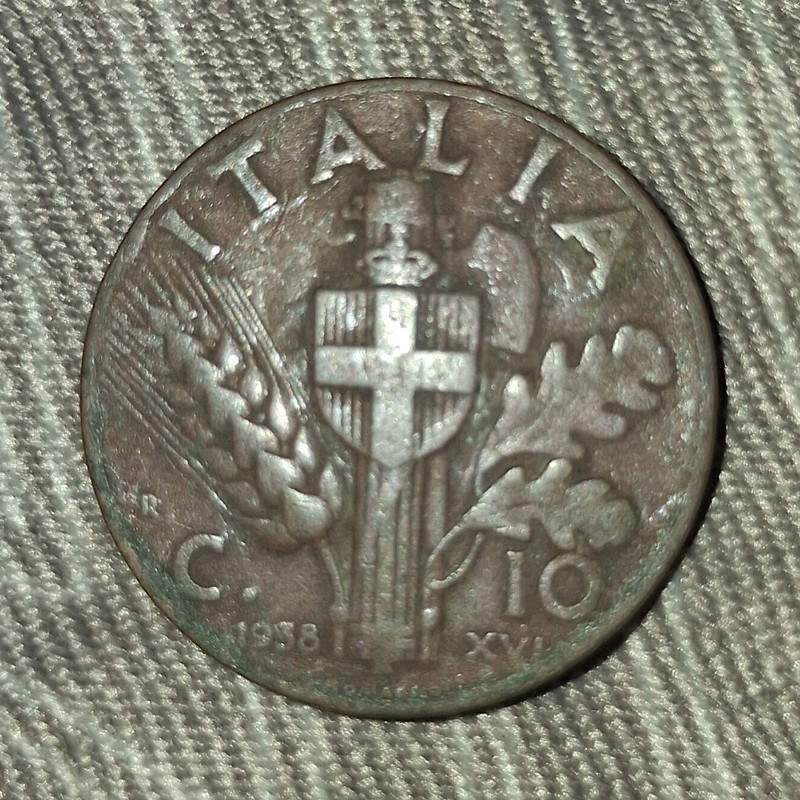 Italy C.10 1928 10 Centesimi Copper Coin KM#76, XV Variety, BN