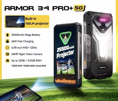 Ulefone Armor 34 Pro+ 5G AI Rugged DLP Projector Phone 32GB+512GB 6.95'' 25500mAh