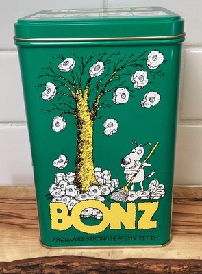 Vtg Purina Dog Bonz Treat Tin 1988 Novelty Cartoon Four Seasons Green Empty