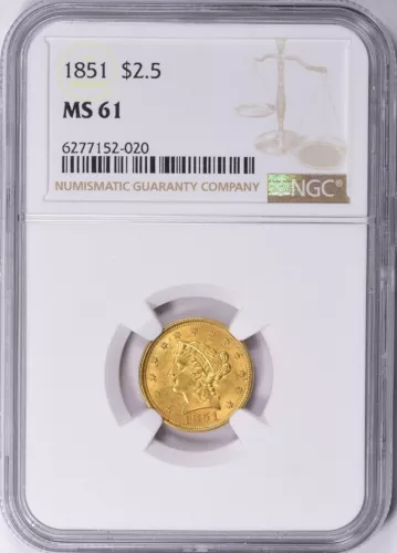 1851 LIBERTY HEAD $2.5 QUARTER EAGLE GOLD NGC MS61
