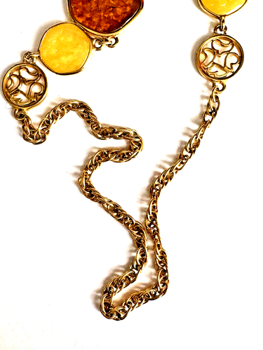 Necklace Amber Yellow Station Link Sarah Coventry 36" Gold Chain 9k Vintage 53" - Picture 13 of 15