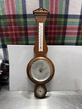 Airguide Vintage Banjo Style Mahogany & Brass Weather Station Barometer AIC.