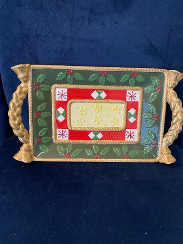 Vtg 2003 Studio Nova Rectangular Ceramic Christmas Tray Woodland Holly Santa EUC