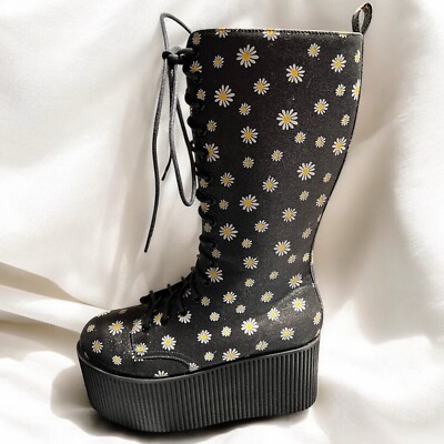 Size 8   .Black Glittered Daisy Platform Boots. New  YRU