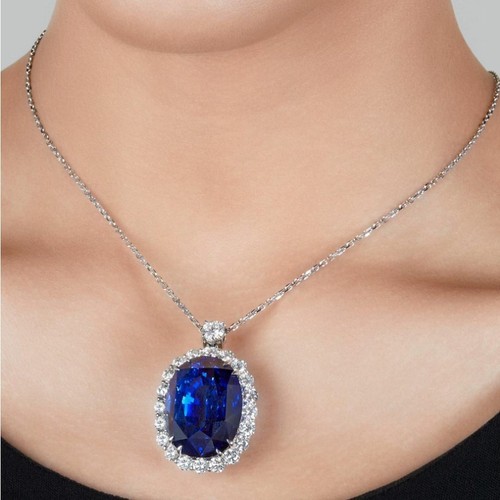 Lab Sapphire Oval Pendant Necklace 925 Fine Silver Red Carpet Cocktail Jewelry - Picture 2 of 4