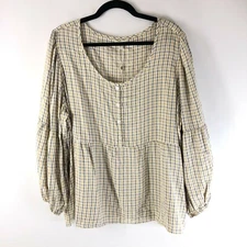 Max Studio Womens Top Blouse Plaid Puff Sleeve Scoop Neck Yellow Size 3X