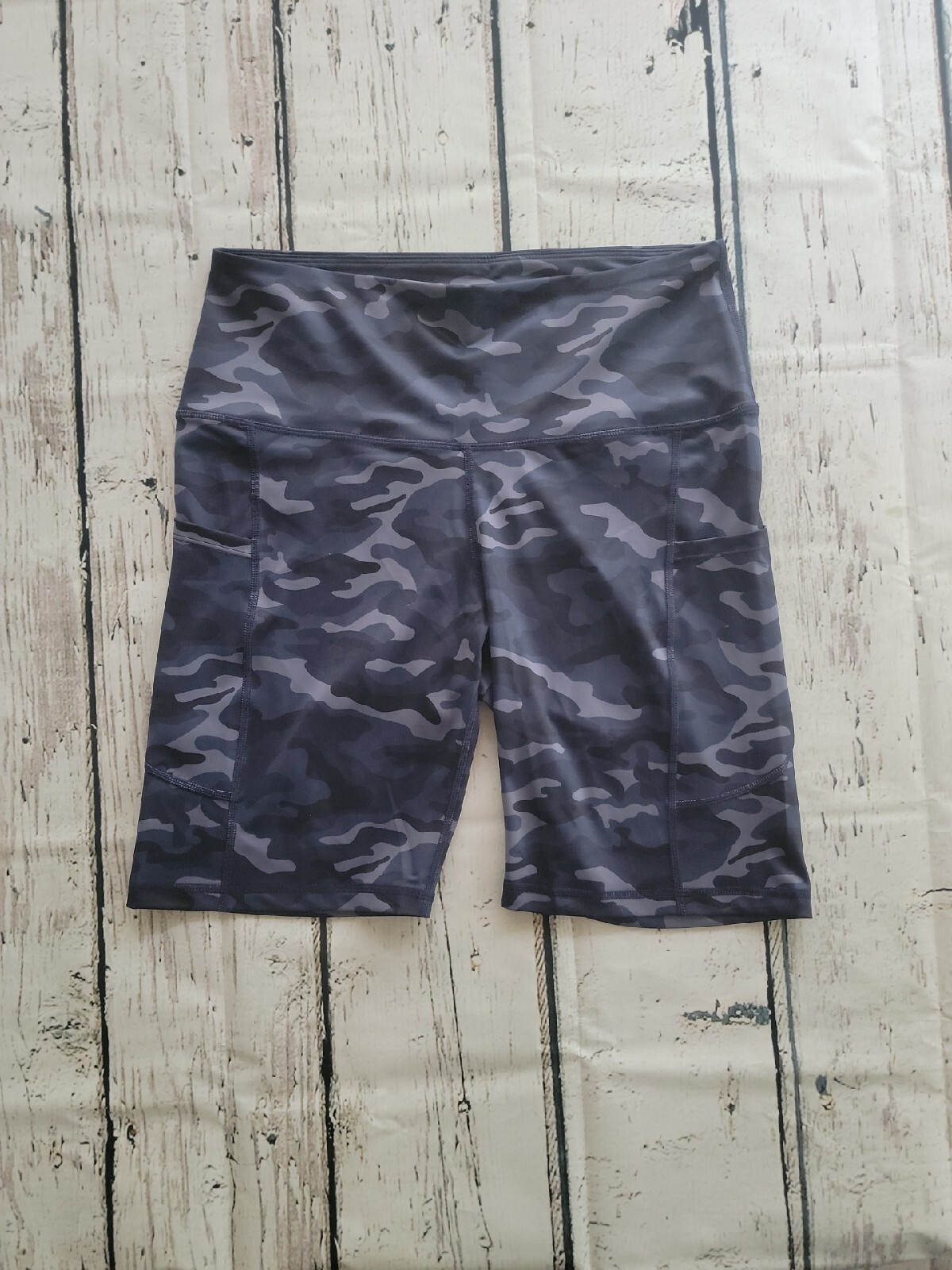 Letsfit Women's Grey Blue Camo Biker Shorts  Workout, Gym Highwaist  Pockets NWT-image