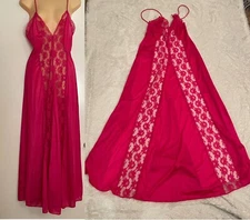 Vtg SHEER Floral Lace SEXY INSERTS Long Nightgown HOT PINK Maxi Gown Val Mode