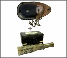 Brass Telescope Nautical Compass Pocket Spyglass Pirate Wood Box Kids Gift Decor