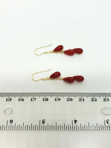 14k Yellow Gold Red Coral Teardrop Drop Dangle Earrings - Picture 5 of 5
