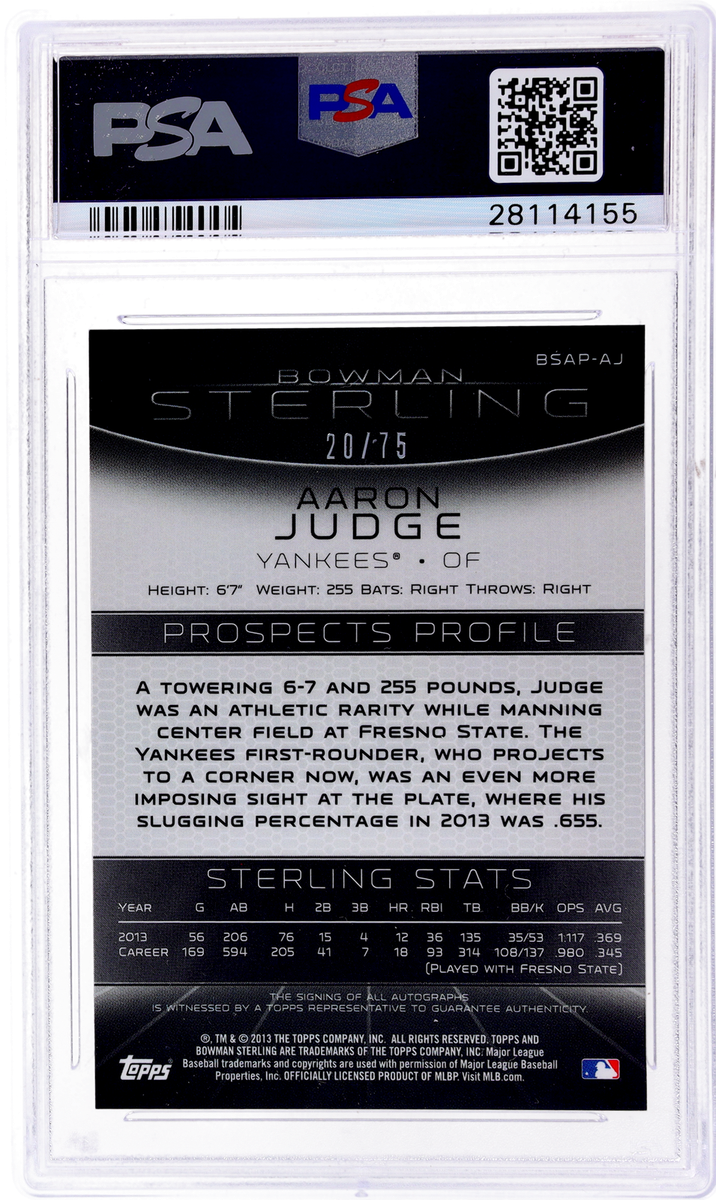 PSA 10 AARON JUDGE AUTO 2013 Bowman Sterling ORANGE REFRACTOR #/75