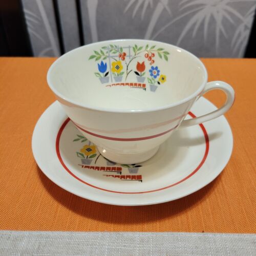 Rare! Set of 5 Betty Pepper Art Deco Tea & Saucers by Stuebenville - Made in USA - Picture 2 of 6