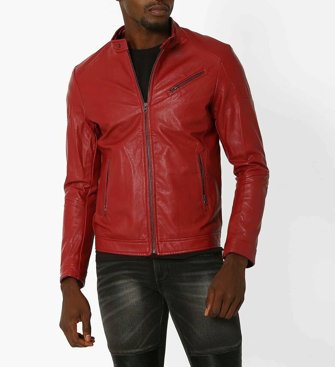 HOT Red Leather Jacket For Men 100% Real Lambskin Soft Leather Biker Jacket Coat