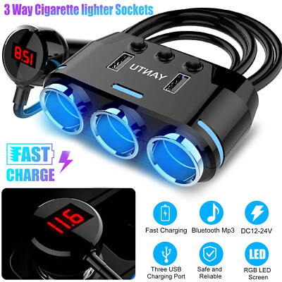 3 way cigarette lighter socket 3 Way Multi Car Cigarette Lighter Socket Extension Splitter USB Charger DC  12V