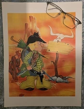 1970's Lithograph Print Cowboy A3 Retro Vintage Wall Art