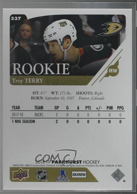 2018-19 Upper Deck Parkhurst Rookies Gold Troy Terry #337 Rookie RC - Image 2 of 2