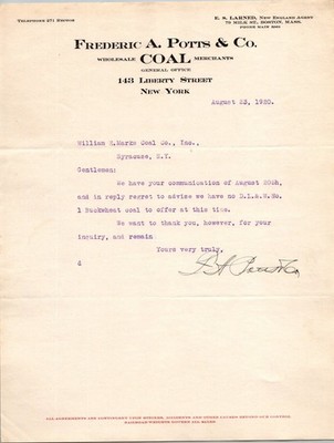 1920 Frederic A. Potts Coal Merchants Letterhead New York City Ephemera