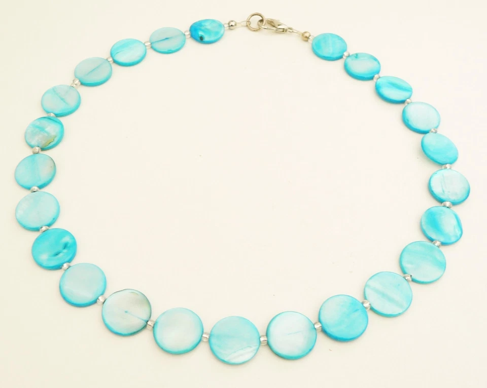 Halskette Kette Muschel Perlmutt Scheibe Ø15mm pastell türkis 405y - Bild 3 von 4