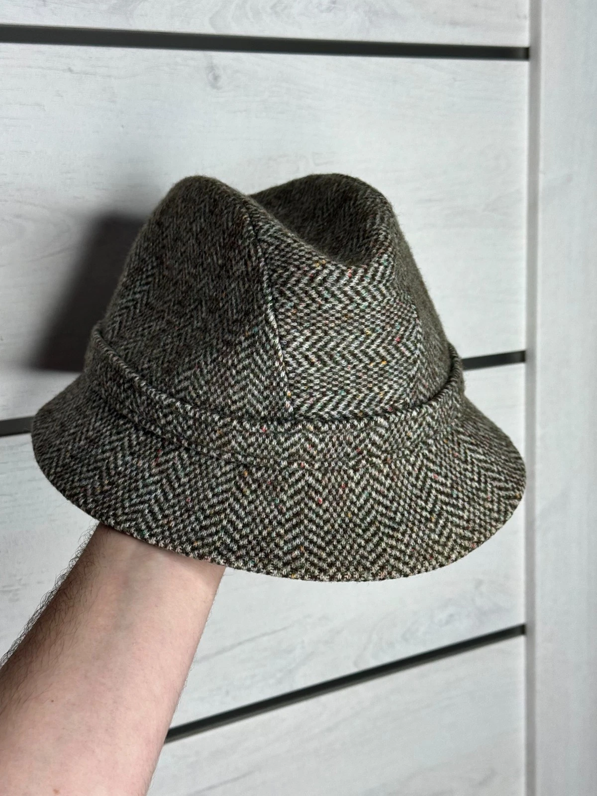 Vintage KANGOL Wool Tweed Gerringbone Trilby Bucket Hat Size L Made in England