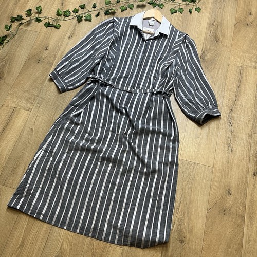 VINTAGE 1980s DRESS SIZE 16 18 SILVER & GREY STRIPE OVERSIZED WITH BELT (dr42) - Picture 4 of 7