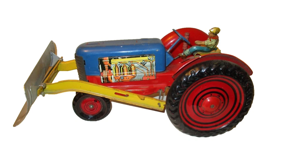 LARGE VINTAGE MARX PRESSED STEEL LITHO. TRACTOR WITH (5) IMPLEMENTS - Image 2 of 4