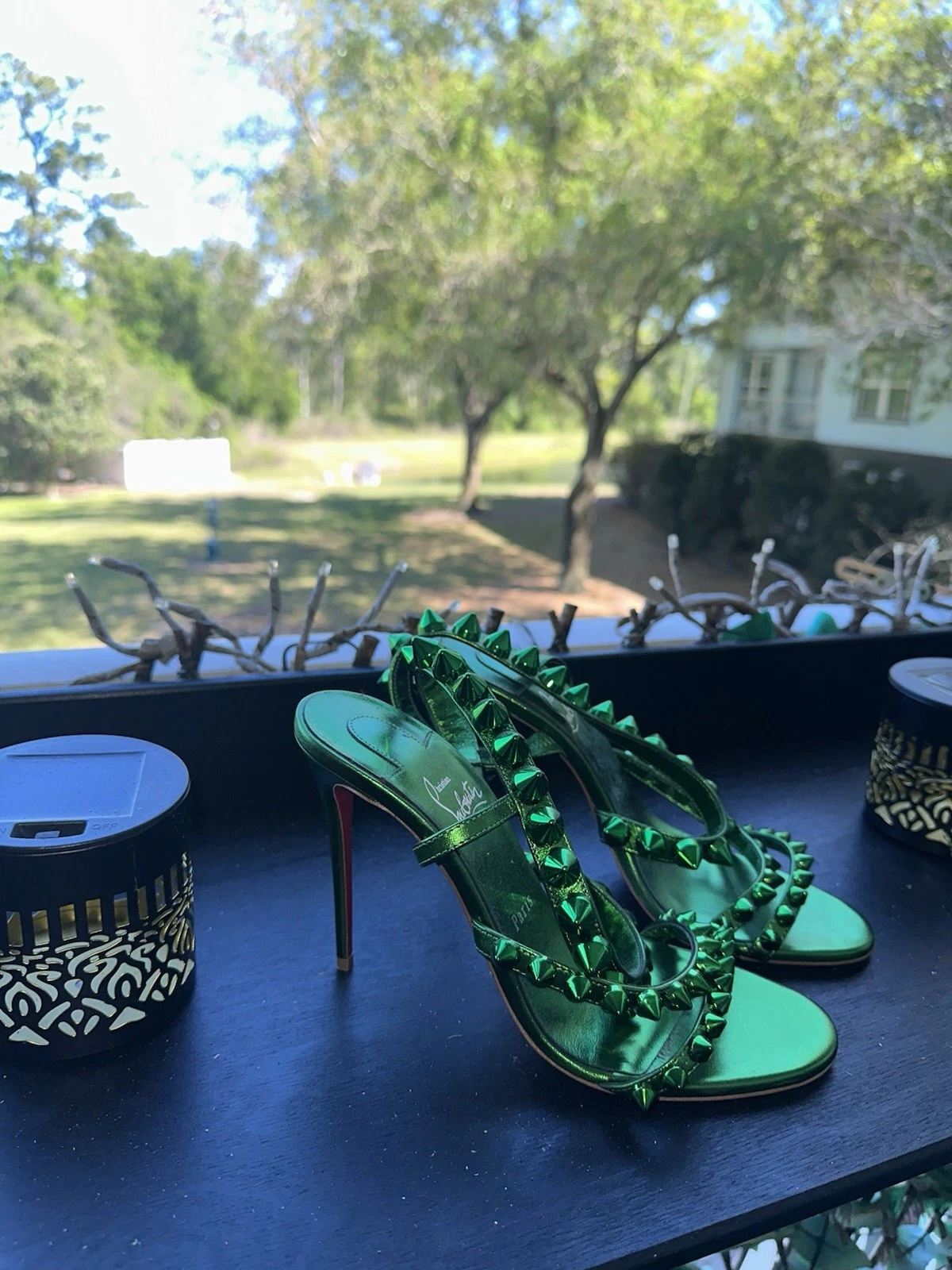 Christian Louboutin — Christian Louboutin Green Strappy Stiletto Heels with Spikes Leather Upper
