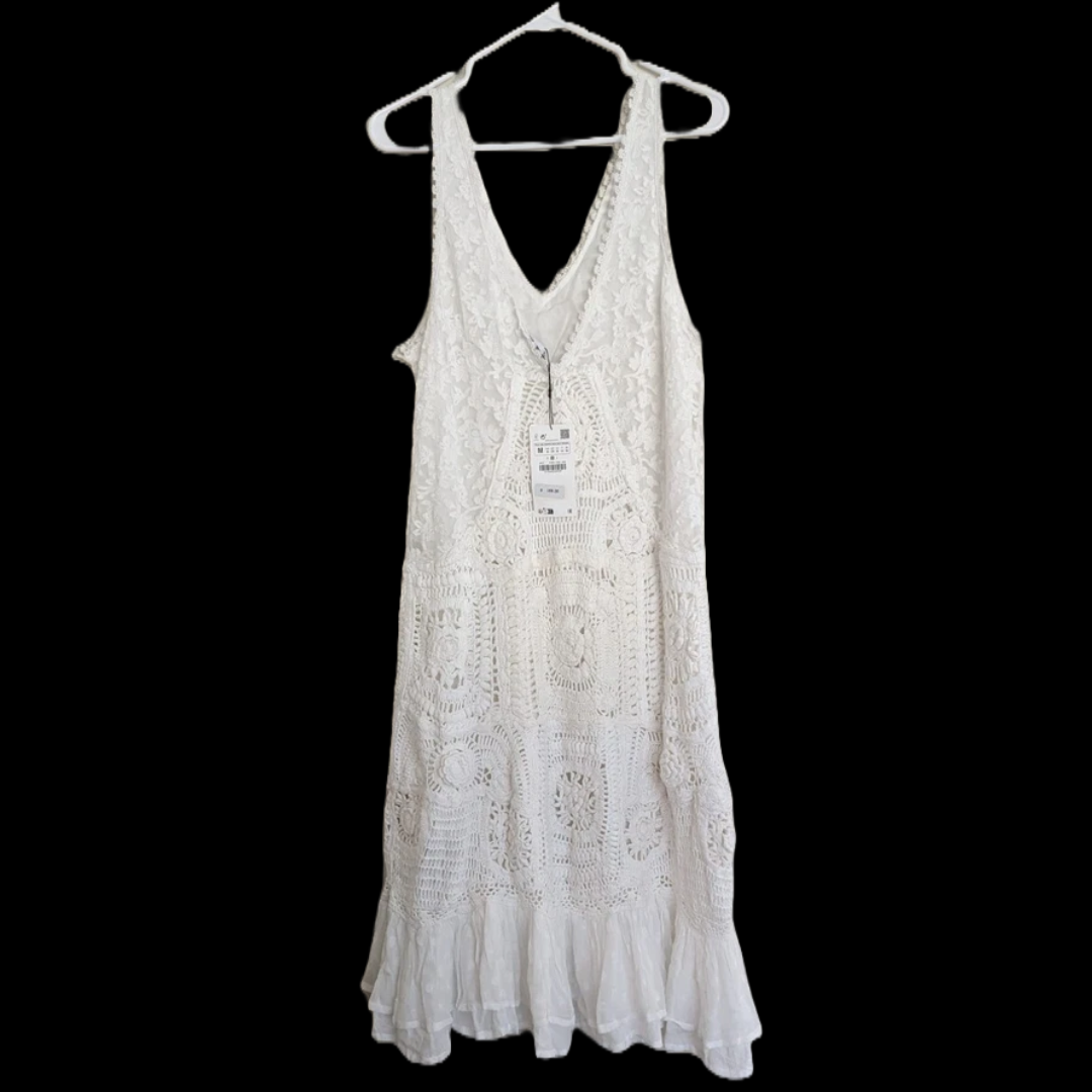 NWT ZARA Woman Combination Crochet Lace V-Neck Flounce Dress