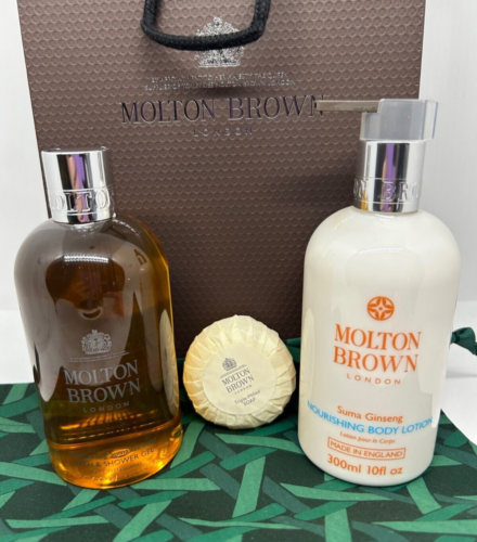 MOLTON BROWN Suma Ginseng Bath Shower Gel Body Lotion 300ml Cotton Bag Gift Set - Picture 1 of 7