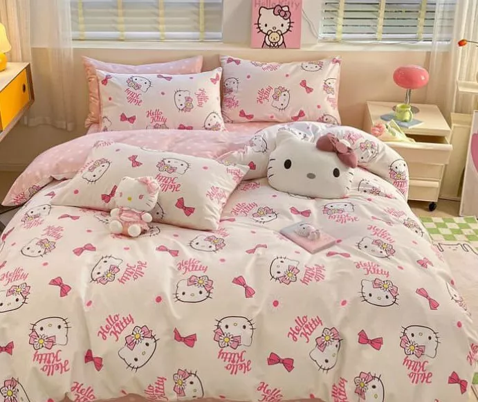 Hello Kitty Pink Soft Cotton Twin/Full/Queen Duvet Comforter Set w/ Fitted  Sheet