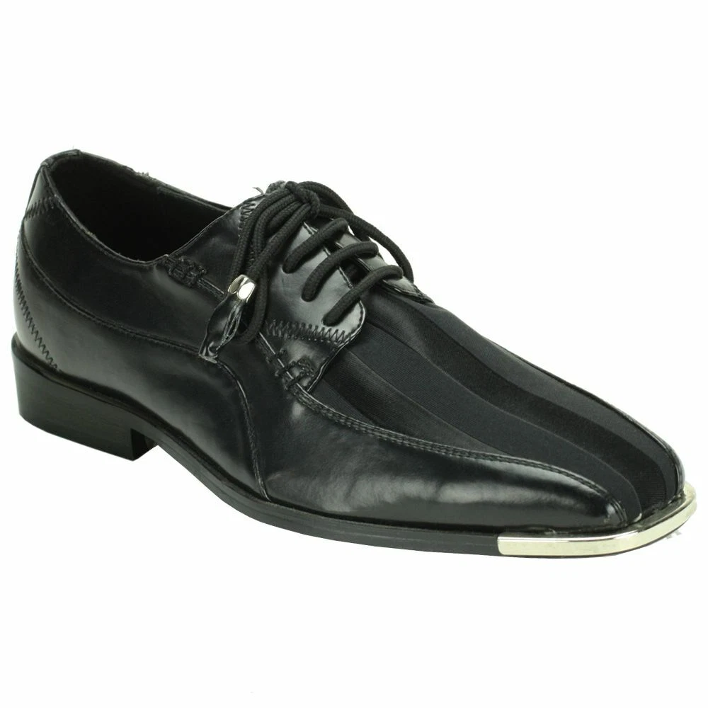 Mens Elegant Black Formal Satin Stripe Silvertip Dress Shoes Expressions 4925 S